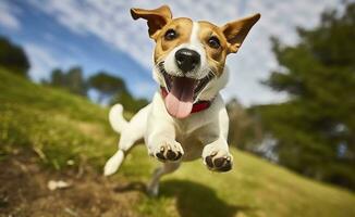 Jack russel parroco cane correre verso il telecamera Basso angolo alto velocità sparo. ai generato foto