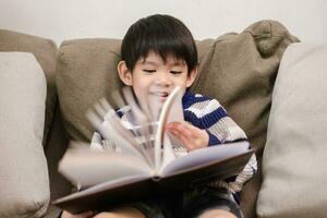 asiatico ragazzo lettura un' libro su il divano apprendimento al di fuori il aula foto