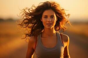 giovane donna jogging nel il tramonto, creato con generativo ai foto