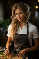 bellissimo giovane femmina capocuoco nel il cucina, creato con generativo ai foto