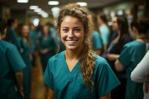 giovane assistenza infermieristica alunno in piedi nel davanti di sua squadra, creato con generativo ai foto