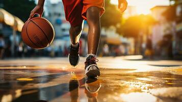 pallacanestro giocatore palleggi all'aperto a il strade. il arte di strada pallacanestro dribbling. generativo ai foto