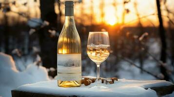 un' tramonto crostini con bianca vino nel un' inverno foresta. generativo ai foto