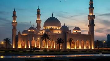 il settentrionale dell'emirato maggiore moschea si illumina a crepuscolo. generativo ai foto