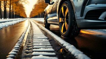 un' mescolare di inverno e estate pneumatici su il asfalto strada. generativo ai foto