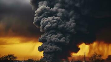 di spessore nero Fumo veli il cielo, marcatura il tumulto di guerra sotto. generativo ai foto