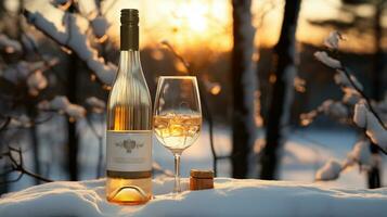 bottiglia e bicchiere di bianca vino raffreddato di neve nel inverno foresta su tramonto, vacanza, nuovo anno celebrazione concetto. generativo ai foto