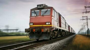 nolo treno va di rotaia. veloce consegna di pesante carico di treno. sfocato sfondo dà un' sensazione di rapido movimento. generativo ai foto