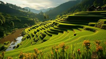 agricolo arte. terrazzato riso i campi nel loro gloria. generativo ai foto