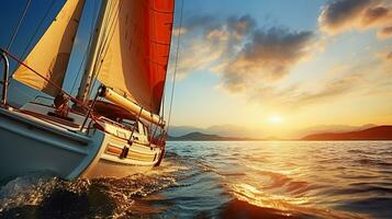 andare in barca in il tramonto - yacht avventura su il orizzonte. barca a vela. viaggio concetto. generativo ai foto