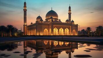 maggiore moschea nel settentrionale emirato a crepuscolo. generativo ai foto