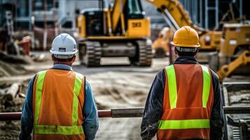 Due lavoratori nel uniforme su un' costruzione luogo, generativo ai foto