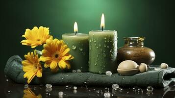 terme ancora vita con candele fiore asciugamano e pietre su verde sfondo. generativo ai foto