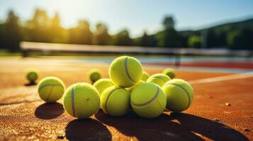 tennis palle su un' luminosa Tribunale. generativo ai foto