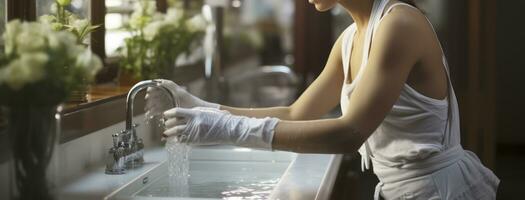 un' donna pulizia un' lavello. generativo ai foto