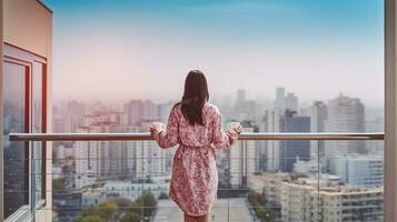 donna su il balcone assaporando il città Visualizza. generativo ai foto