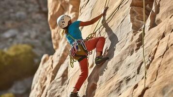 impavido donna roccia scalatore conquista il scogliera. generativo ai foto