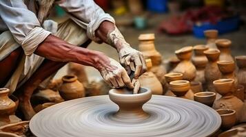 lavorazione bellezza - un' di vasaio abilità artistica nel ceramica piatto fabbricazione. generativo ai foto