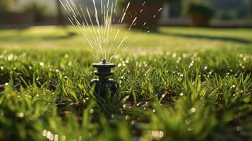 verde oasi. automatico spruzzatore sistema irrigazione il prato. prato irrigazione nel pubblico parco. generativo ai foto