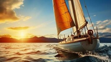 yacht vela contro il bellissimo tramonto. barca a vela avventura su il orizzonte. generativo ai foto