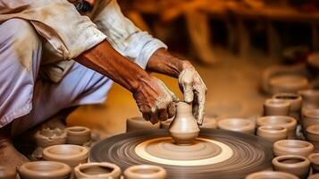 un' di vasaio viaggio la creazione di ceramica piatti. India. generativo ai foto