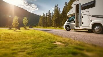 famiglia vacanza viaggio camper, vacanza viaggio nel camper, caravan auto vacanza. generativo ai foto