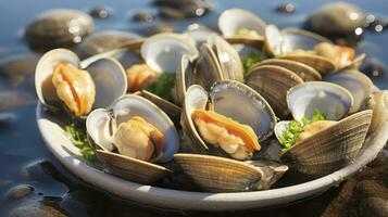 al vapore vongole. un' culinario avvicinamento. generativo ai foto