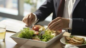 salutare pranzo di uomo d'affari nel ufficio. generativo ai foto