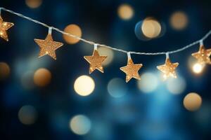 Natale d'oro stelle luci corda sospeso su blu bokeh sfondo. generativo ai foto