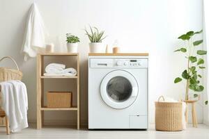 interno di casa lavanderia camera con moderno lavaggio macchina. generativo ai foto