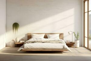 un' Camera da letto nel scandinavo stile. Doppio letto con cuscini e morbido lenzuolo, mobilia su di legno pavimento. generativo ai foto