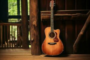 acustico chitarra su vecchio di legno sfondo. generativo ai foto