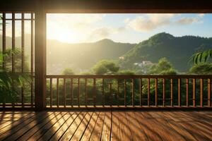 balcone Visualizza di il bambù foresta, sfocato montagne nel il sfondo. generativo ai foto