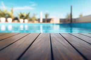 di legno superficie con un' sfocato sfondo di un' nuoto piscina. generativo ai foto