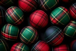 Natale palle tartan plaid design. di stagione sfondo con arredamento nel verde e rosso colori. generativo ai foto