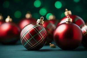 Natale palle tartan plaid design. di stagione sfondo con arredamento nel verde e rosso colori. generativo ai foto