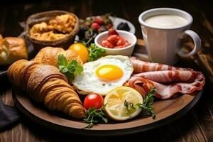 inglese prima colazione su il bianca piatto, uova con liquido tuorlo, salsicce, forchetta e coltello, Cornetti, caffè con latte. generativo ai foto