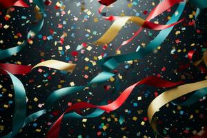 colorato coriandoli e colorato Twirled serpentina nel un' saluto carta e festa invito modello . generativo ai foto