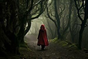 un' donna nel un' rosso mantello a piedi attraverso un' buio foresta. generativo ai foto