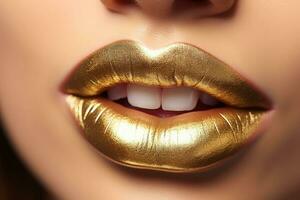 avvicinamento di d'oro rossetto. trucco con metallo oro labbra. generativo ai illustrazione foto