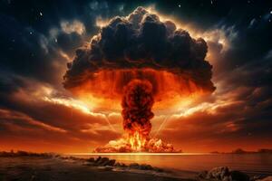 terribile atomico esplosione di un' nucleare bomba con un' fungo nube di radioattivo polvere. idrogeno bomba test. generativo ai foto