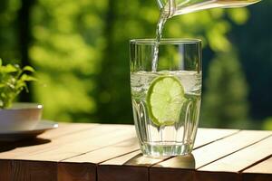 pulito potabile acqua è versato a partire dal un' brocca in un' bicchiere tazza su un' di legno tavolo e un' leggero verde natura all'aperto sfondo. ai generato foto