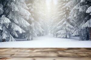 inverno panoramico paesaggio. di legno pavimentazione disseminato con neve nel foresta sfocato sfondo. generativo ai foto