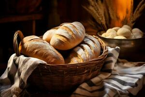 appena al forno pane con croccante Crosta tagliare e servito su cestino. generativo ai foto