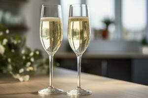 Due Champagne bicchieri su leggero sfondo. generativo ai foto