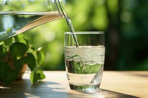 pulito potabile acqua è versato a partire dal un' brocca in un' bicchiere tazza su un' di legno tavolo e un' leggero verde natura all'aperto sfondo. ai generato foto