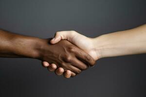 nero e caucasico mani Tenere ogni altro nel tolleranza e anti razzismo concetto. generativo ai foto