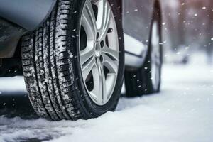 auto pneumatici nel inverno su il strada coperto con neve. generativo ai foto