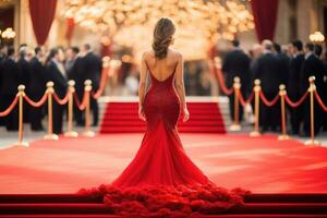 un' giovane bella donna su un' rosso tappeto evento nel un' sera vestire, indietro Visualizza. generativo ai foto