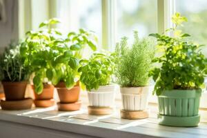 un' fresco piccolo culinario erba giardino su un' soleggiato davanzale nel il cucina. generativo ai foto